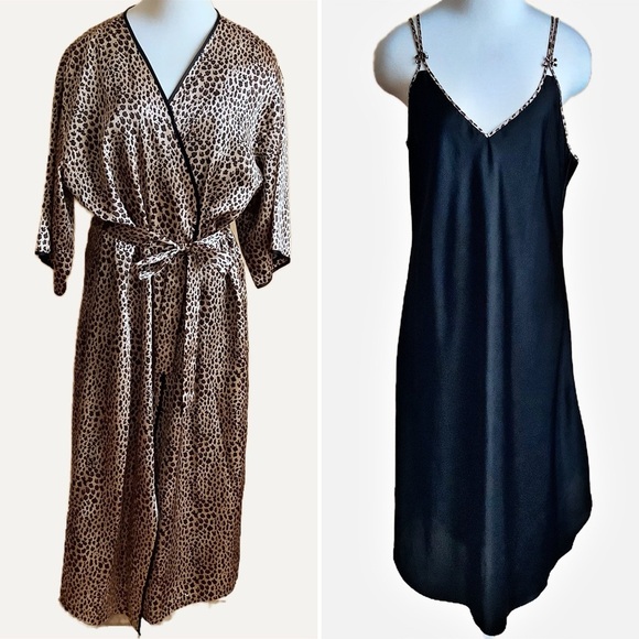 NATORI Private Luxuries Satin Leopard Long Robe & Matching Slip Size 1X - Picture 1 of 16